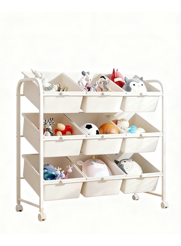 ChenDa Mobile Wheeled Storage Rack 3 Tier 9 Compartment Metal Plastic Storage Rack Home Living Room Bedroom Clutter Organizer (White) - Image 1